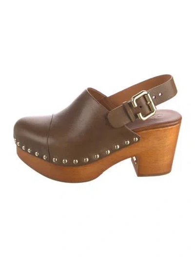 Pre-owned Chloé Leather Studded Accents Slingback Flats In Brown