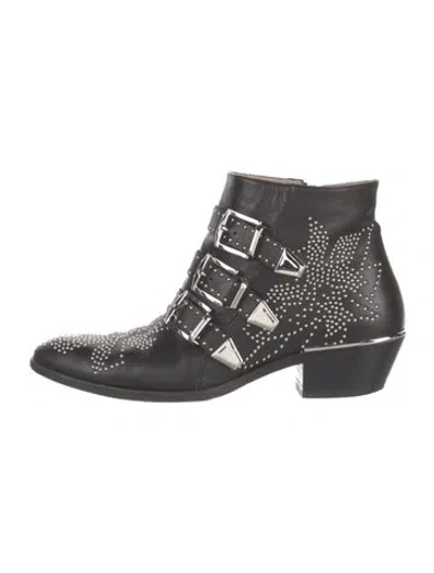 Pre-owned Chloé Leather Studded Accents Western Boots In Black