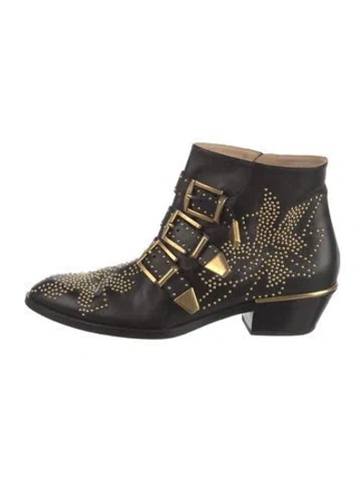 Pre-owned Chloé Leather Studded Accents Western Boots In Black