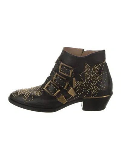Pre-owned Chloé Leather Studded Accents Western Boots In Black