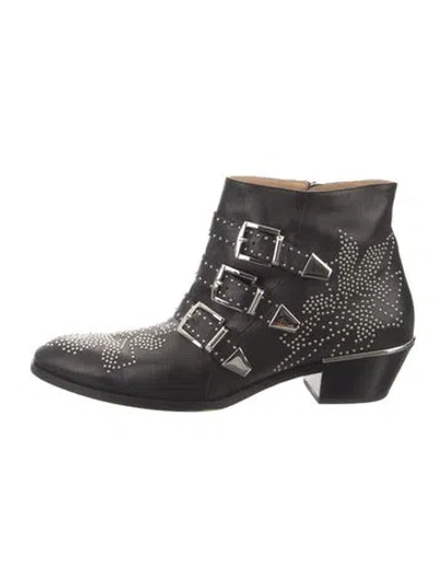 Pre-owned Chloé Leather Studded Accents Western Boots In Black
