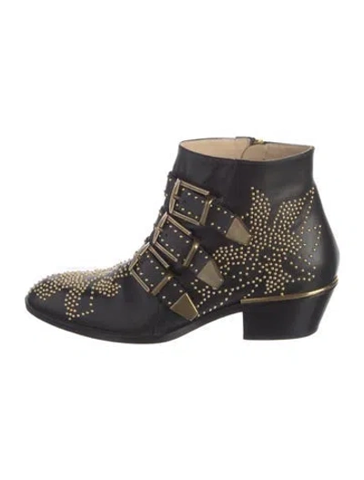 Pre-owned Chloé Leather Studded Accents Western Boots In Black
