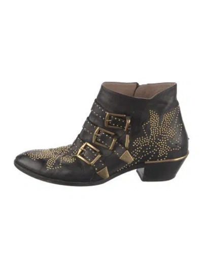 Pre-owned Chloé Leather Studded Accents Western Boots In Black