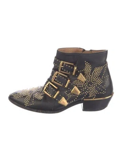 Pre-owned Chloé Leather Studded Accents Western Boots In Black
