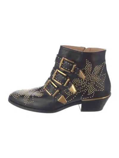 Pre-owned Chloé Leather Studded Accents Western Boots In Blue