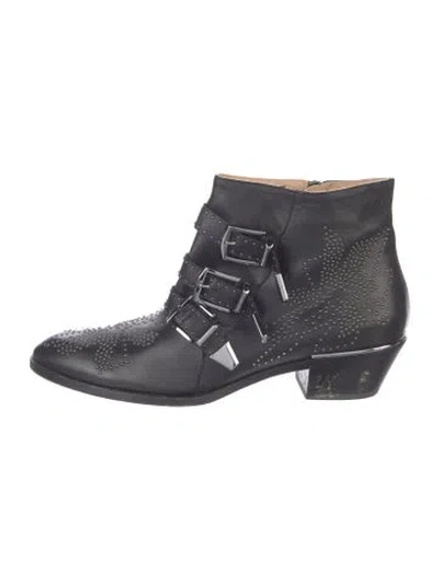 Pre-owned Chloé Leather Studded Accents Western Boots In Blue