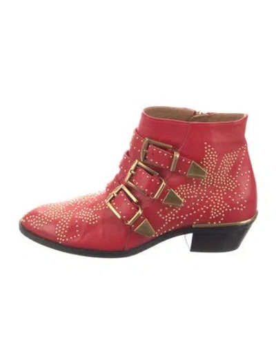Pre-owned Chloé Leather Studded Accents Western Boots In Red
