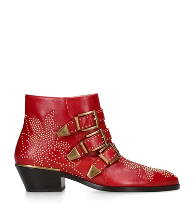 Chloé Leather Susanna Western Ankle Boots In Red