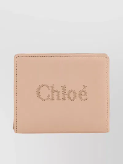 Chloé Leather Wallet With Foldover Top And Stitched Detail In Neutral