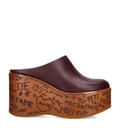 Chloé Leather Wedge Mules 80 In Burgundy