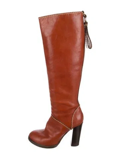 Pre-owned Chloé Leather Whipstitch Trim Lace-up Boots In Brown