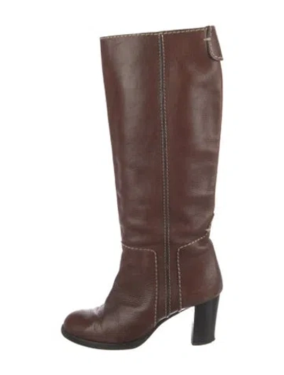 Pre-owned Chloé Leather Whipstitch Trim Riding Boots In Brown