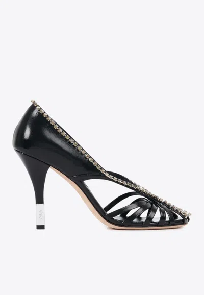 CHLOÉ LEONIE 95 EMBELLISHED LEATHER PUMPS