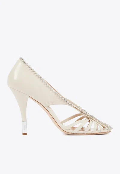 Chloé Leonie Crystal-embellished Leather Pumps In White