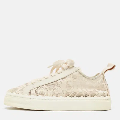 Pre-owned Chloé Light Beige Lace And Leather Lauren Sneakers Size 39