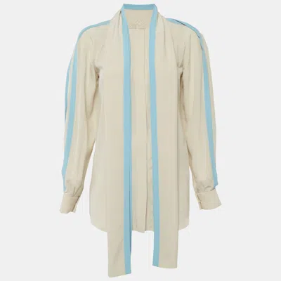Pre-owned Chloé Light Beige/blue Silk Tie Detail Blouse S In Sand