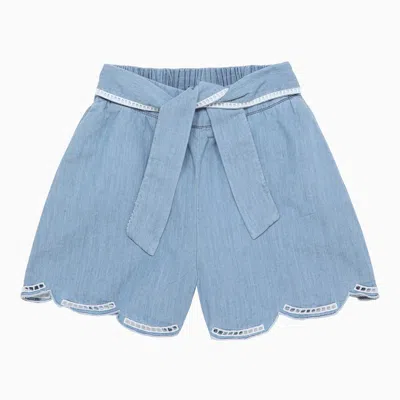 Chloé Kids' 蝴蝶结装饰棉质短裤 In Z10-denim Blue