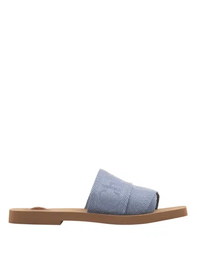 Chloé Woody Embroidered Logo Flat Sandals In Blue