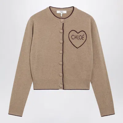 Chloé Light Brown Wool And Cashmere Logo Cardigan