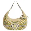 CHLOÉ LIGHT CANVAS AND LEATHER CRYSTAL EMBELLISHED CRESCENT HOBO