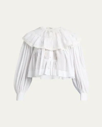 Chloé Light Cotton Voile Capelet Crop Blouse In White