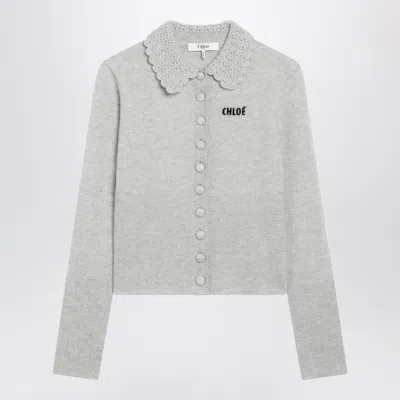 Chloé Light Grey Wool Cardigan With Logo In Gray