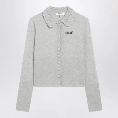 CHLOÉ CHLOE LIGHT GREY WOOL CARDIGAN WITH LOGO WOMEN