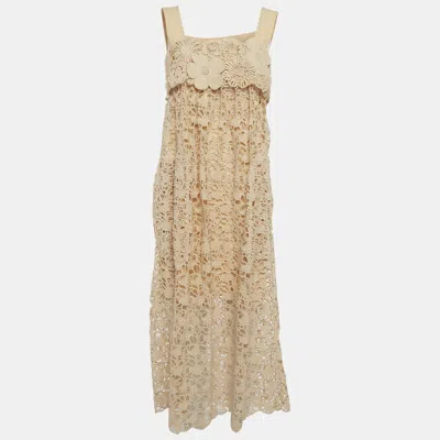 Pre-owned Chloé Light Peach Floral Guipure Lace Sleeveless Shift Dress S In Sand