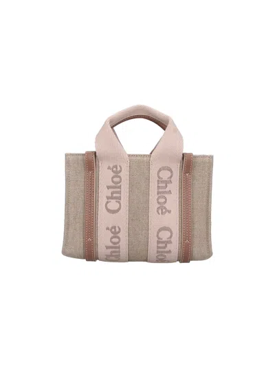 Chloé Linen & Calf Leather Handbag In Sand