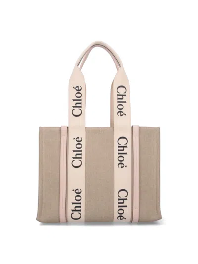 Chloé Linen & Calf Leather Handbag In White