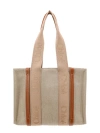 CHLOÉ LINEN AND LEATHER SHOULDER BAG WITH EMBROIDERED LOGO