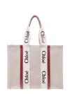 CHLOÉ LINEN SHOULDER BAG WITH LOGO PRINT. THIS BAG IS MADE WITH LOWER ENVIRONMENTAL IMPACT MATERIAL