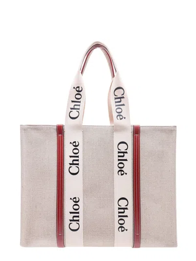 Chloé Linen Shoulder Bag With Logo Print. This Bag Is Made With Lower Environmental Impact Material In Sand