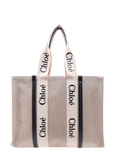 Chloé Linen Shoulder Bag With Logo Print. This Bag Is Made With Lower Environmental Impact Material In Sand