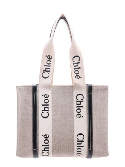 Chloé Linen Shoulder Bag With Logo Print.this Bag Is Made With Lower Environmental Impact Material In Blue