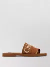 Chloé Linen Woody Flat Sole Open Toe Slides In Brown