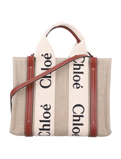 Chloé Linen Woody Medium Tote Bag In White - Brown 1