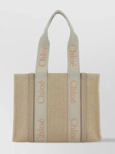 Chloé Linen Woody Shopping Bag In Green