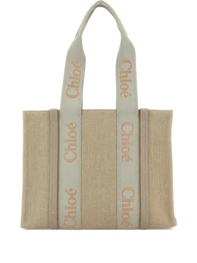 Chloé Multicolor Linen Woody Shopping Bag In Neutrals