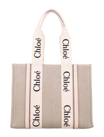 Chloé Linen Woody Tote Bag In Pink