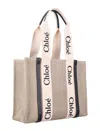 Chloé Large Woody Tote Bag In Linen White Size Onesize 100% Linen, Calf-skin Leather, Polyester In White - Blue 1
