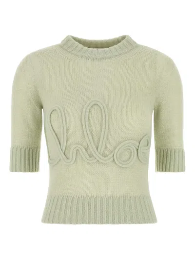 Chloé Pull Manches Trois-quart En Maille De Laine Alpaga Et Soie À Logo Femme Vert Taille Xs 62% Wool Vicu In Green
