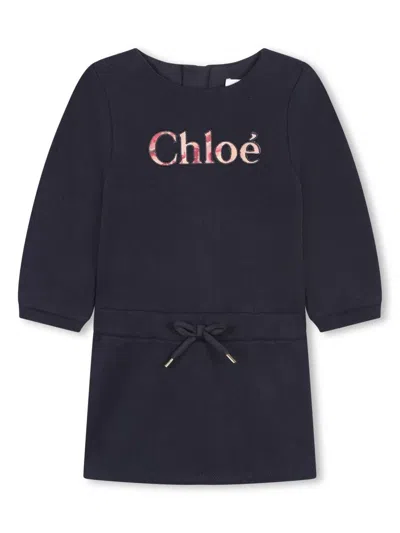 Chloé Kids' Logo-appliquéd Cotton Dress In Blue