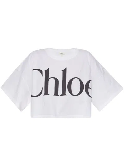 Chloé White Cropped T-shirt With Logo Lettering Print In Cotton Woman