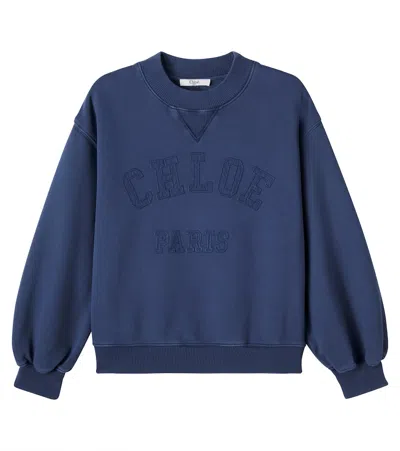 Chloé Kids Logo Cotton Fleece Sweatshirt In Blue