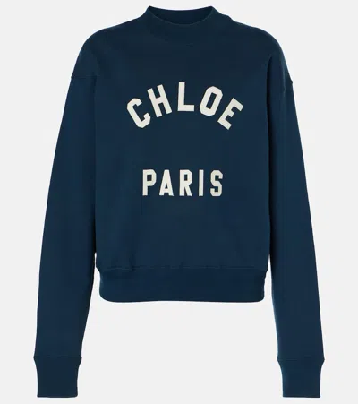 Chloé Logo Cotton Fleece Sweatshirt In Blue