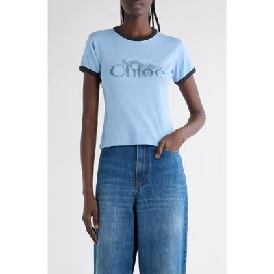 Chloé Logo Cotton Ringer Graphic T-shirt In Blue