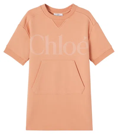 Chloé Kids Logo Cotton Sweatshirt Dress In Brown