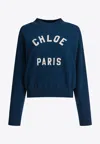 Chloé Blue Crewneck Sweatshirt With Logo Lettering Print In Cotton Woman In Blue