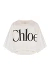 Chloé White Cropped Crewneck T-shirt With Maxi Logo Print On The Front In Cotton Woman